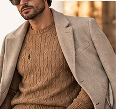 Pull torsadé camel sous un manteau