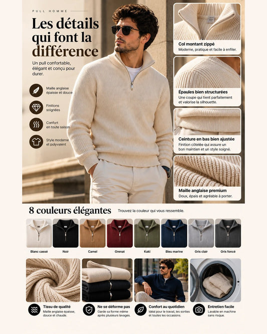 Pull col zippé maille anglaise Altavia — les détails et les couleurs